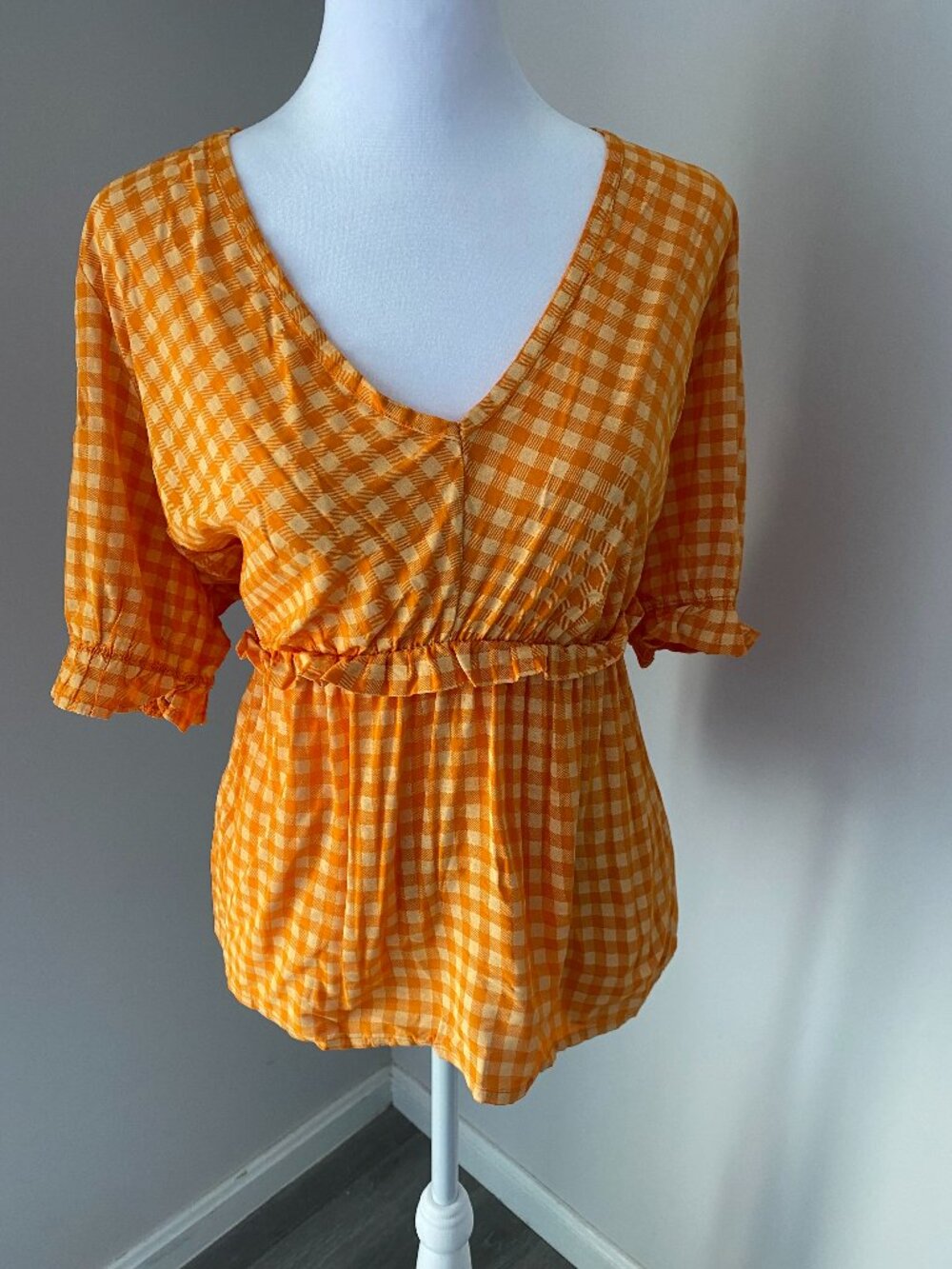 Orange Checkered Ruffle Peplum Top